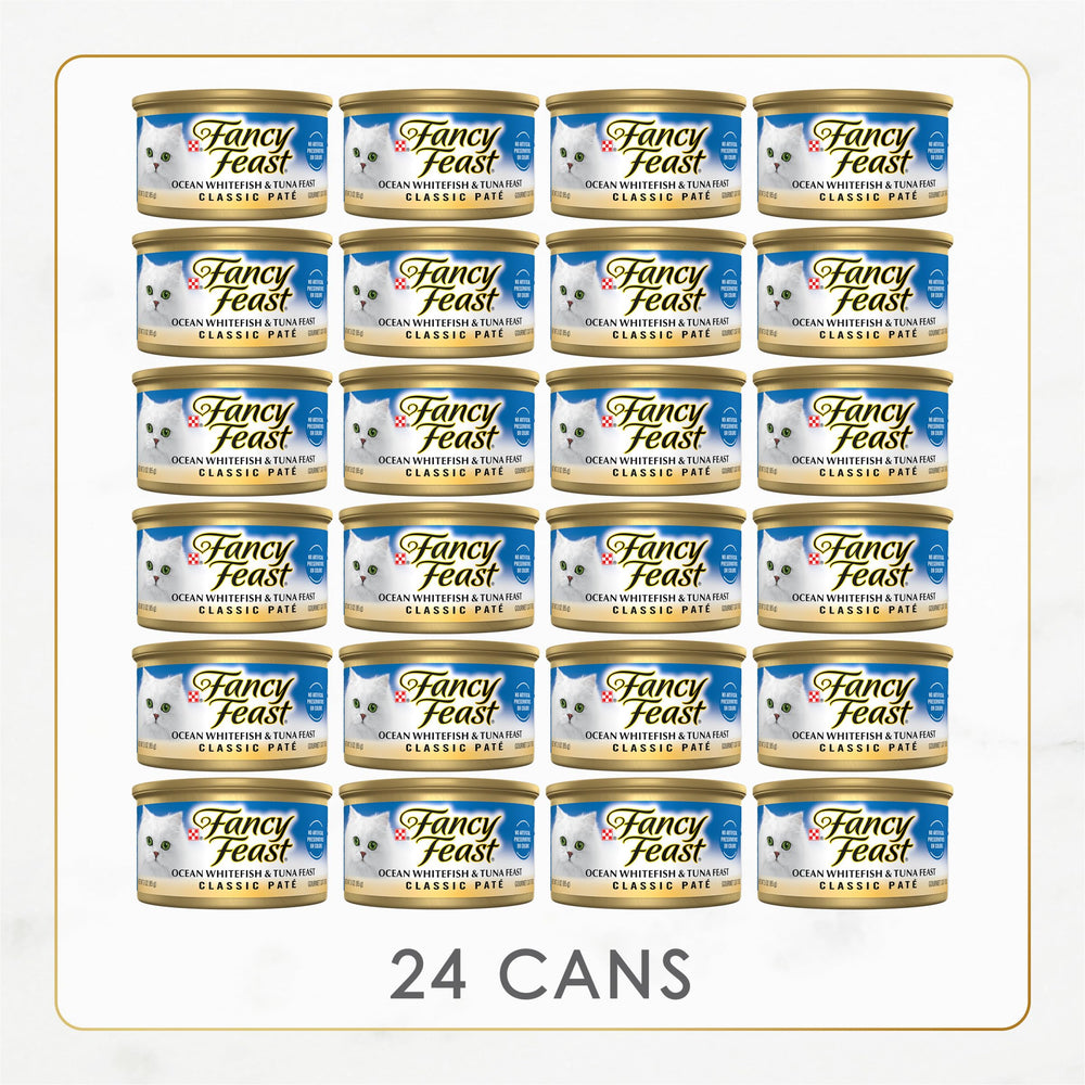 Fancy Feast Classic Pate grain-free wet cat food texture shown.