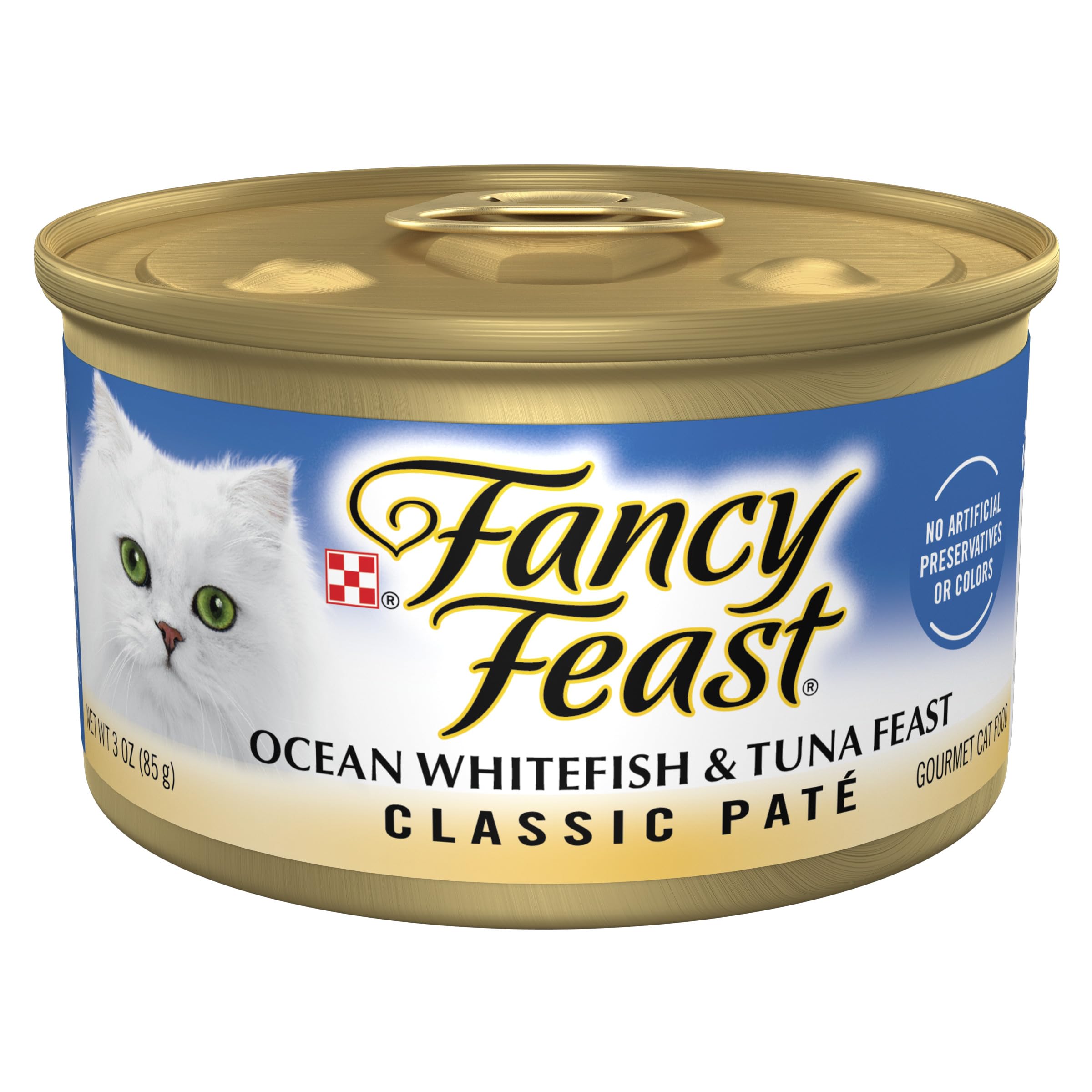 Fancy Feast Classic Pate Ocean Whitefish and Tuna cans in a 24-pack for convenient meals.