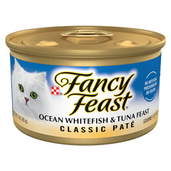 Fancy Feast Classic Pate Ocean Whitefish and Tuna cans in a 24-pack for convenient meals.