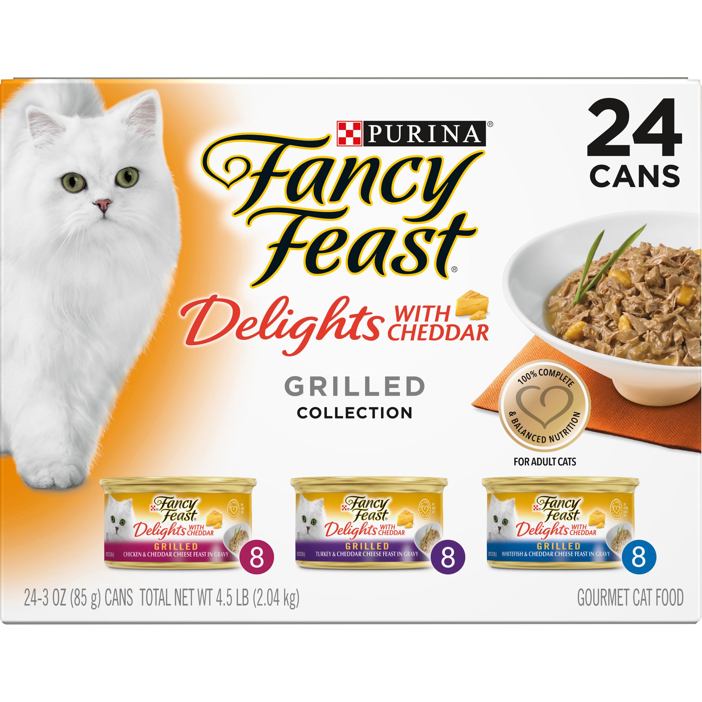 Fancy Feast Delights cheddar served on plate shows premium cat food designed for adult cats.