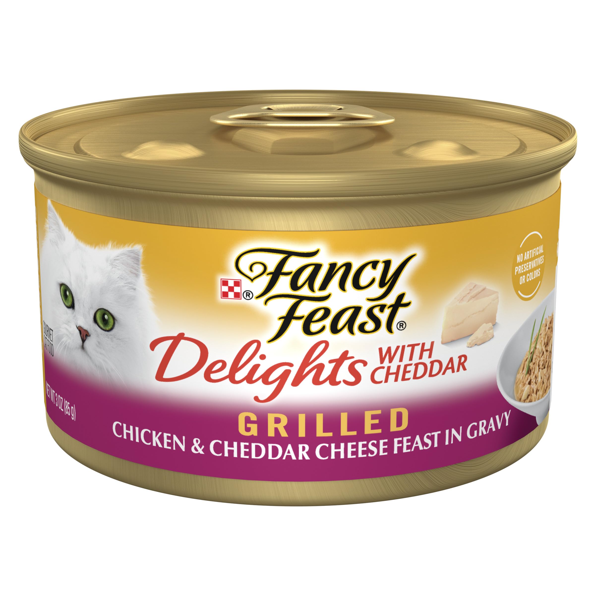 Fancy Feast Delights grilled chicken cheddar bite: enticing texture for gourmet feline meals.