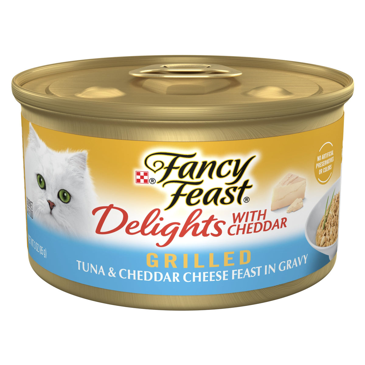 Fancy Feast Delights grilled tuna cheddar cans: gourmet meal presentation for cats.