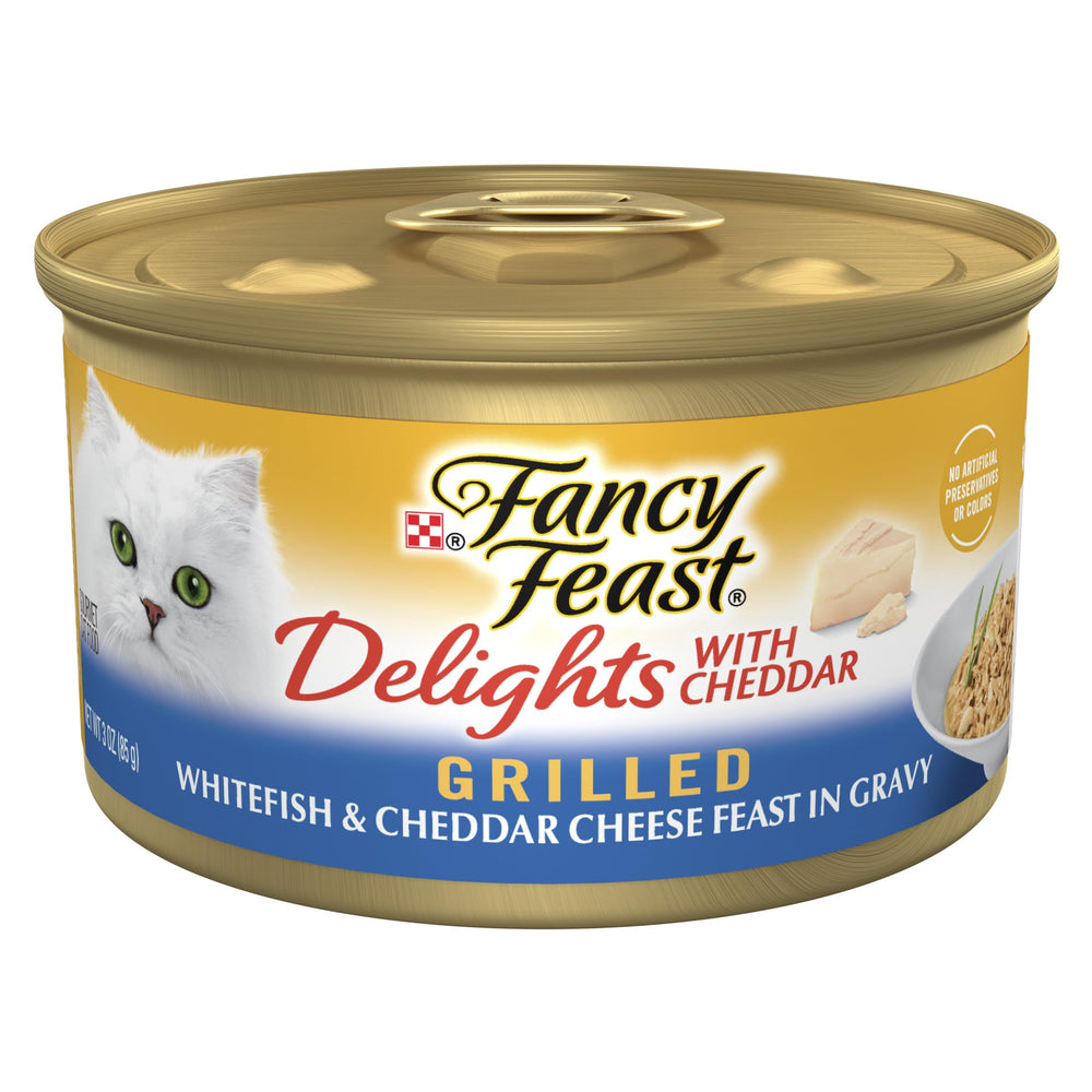 Fancy Feast Delights 24-pack pack shot — convenient, complete meals for busy households.