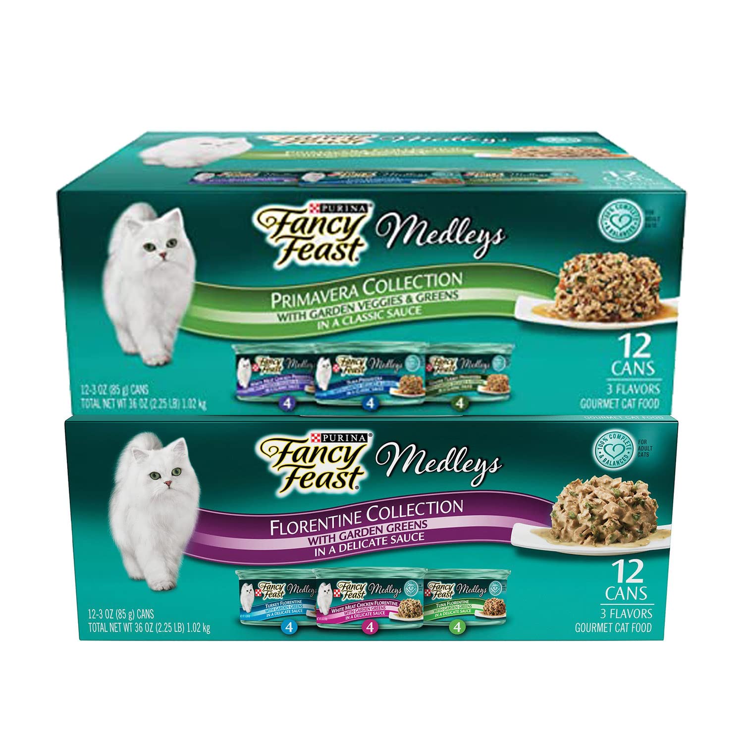 Fancy Feast Duo Premavera & Florentine set 24-can pack for gourmet feline meals.