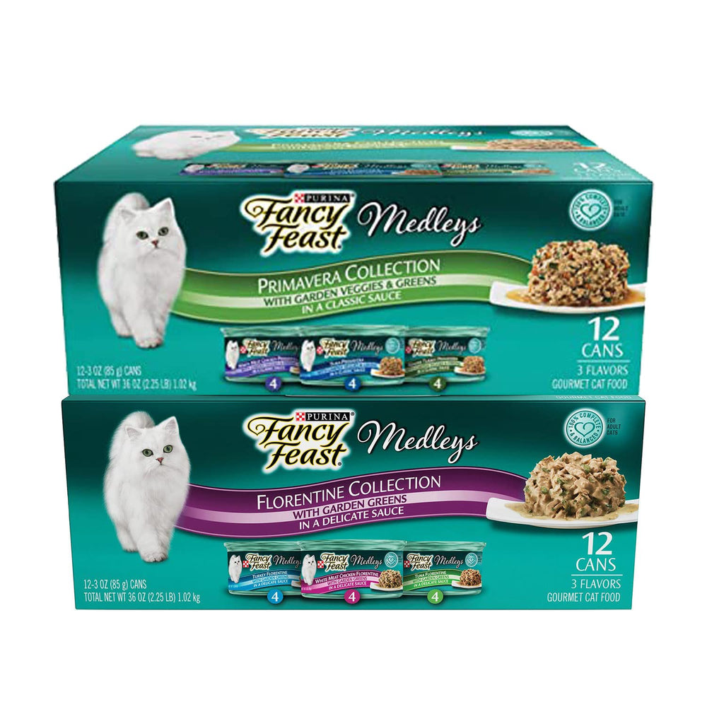 Fancy Feast Duo Premavera & Florentine set 24-can pack for gourmet feline meals.