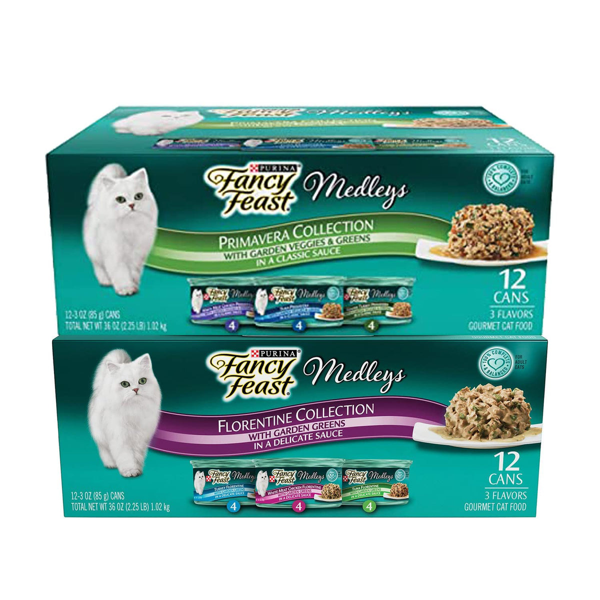 Fancy Feast Duo Premavera & Florentine set 24-can pack for gourmet feline meals.