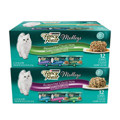 Fancy Feast Duo Premavera & Florentine set 24-can pack for gourmet feline meals.