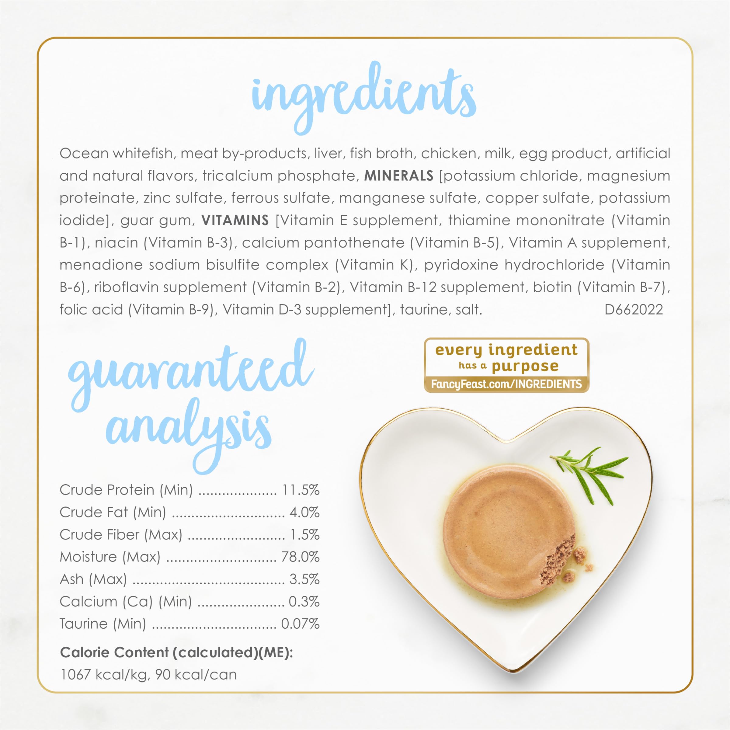 Fancy Feast essential nutrients label - vitamins and minerals for growth