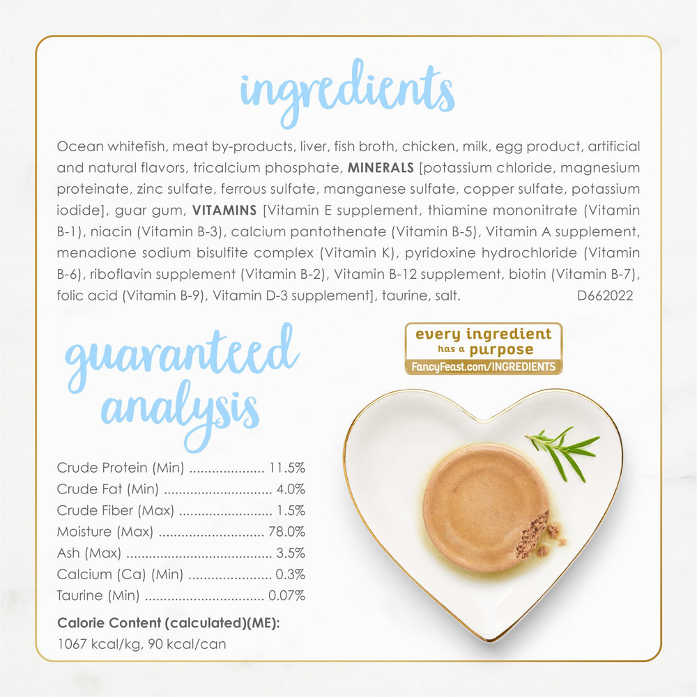 Fancy Feast essential nutrients label - vitamins and minerals for growth