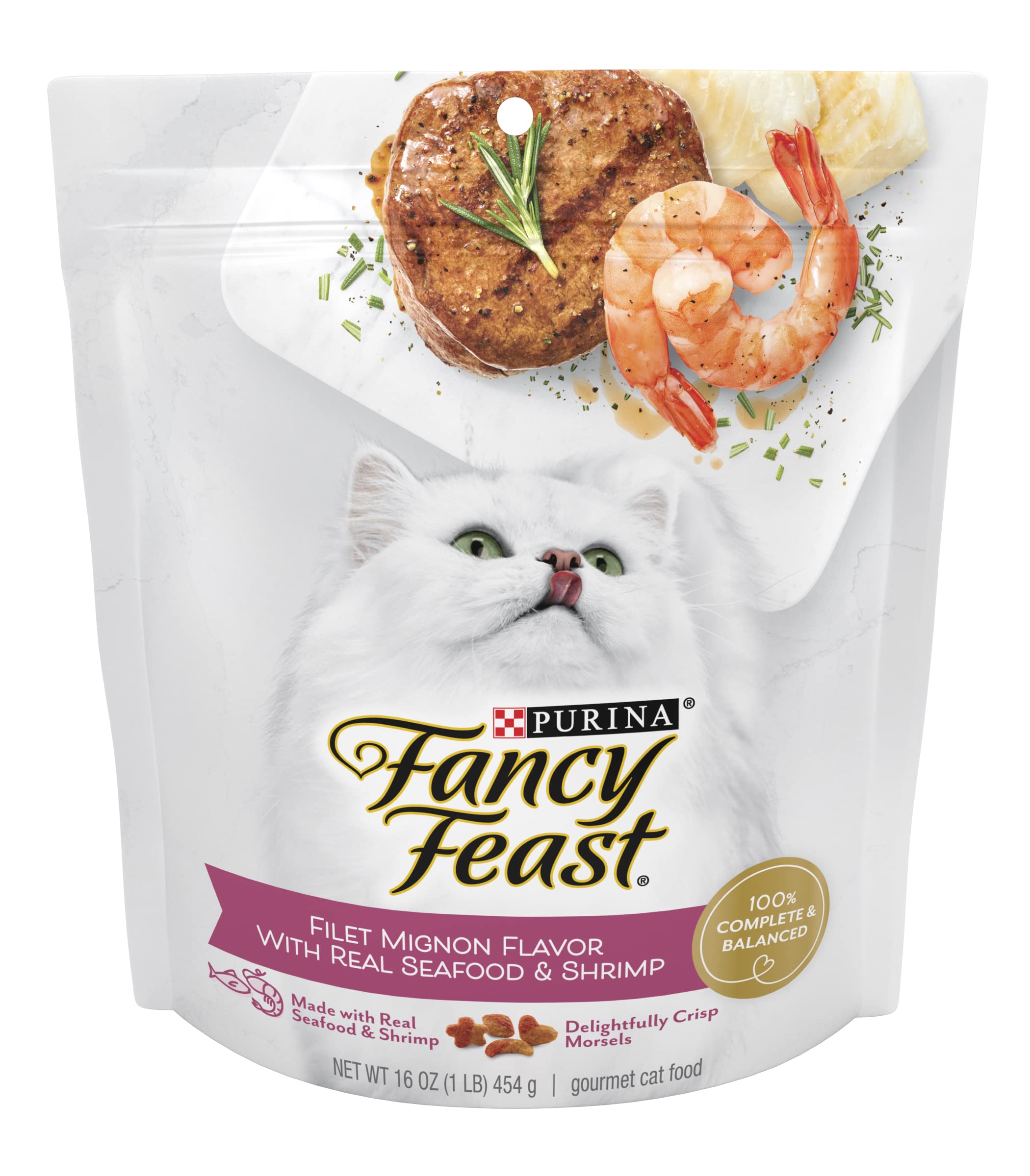 Fancy Feast Filet Mignon dry cat food bowl closeup with enticing crunch for picky eaters