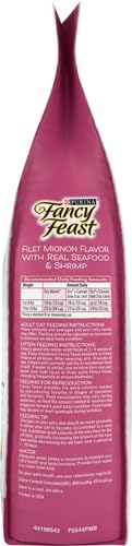 Fancy Feast Filet Mignon real seafood and shrimp ingredients panel.