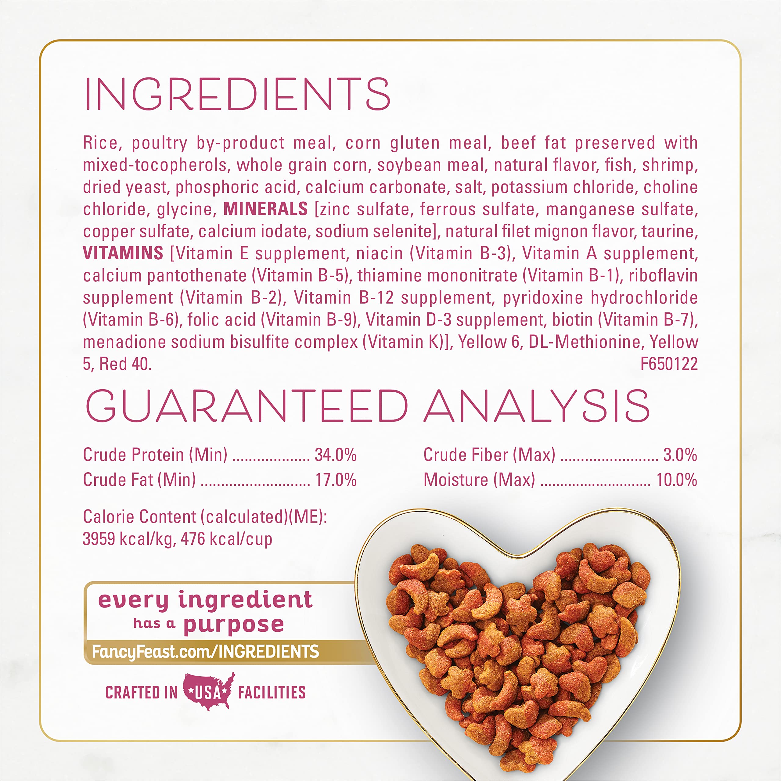 Fancy Feast gourmet dry cat food ingredients highlight real seafood and shrimp flavors