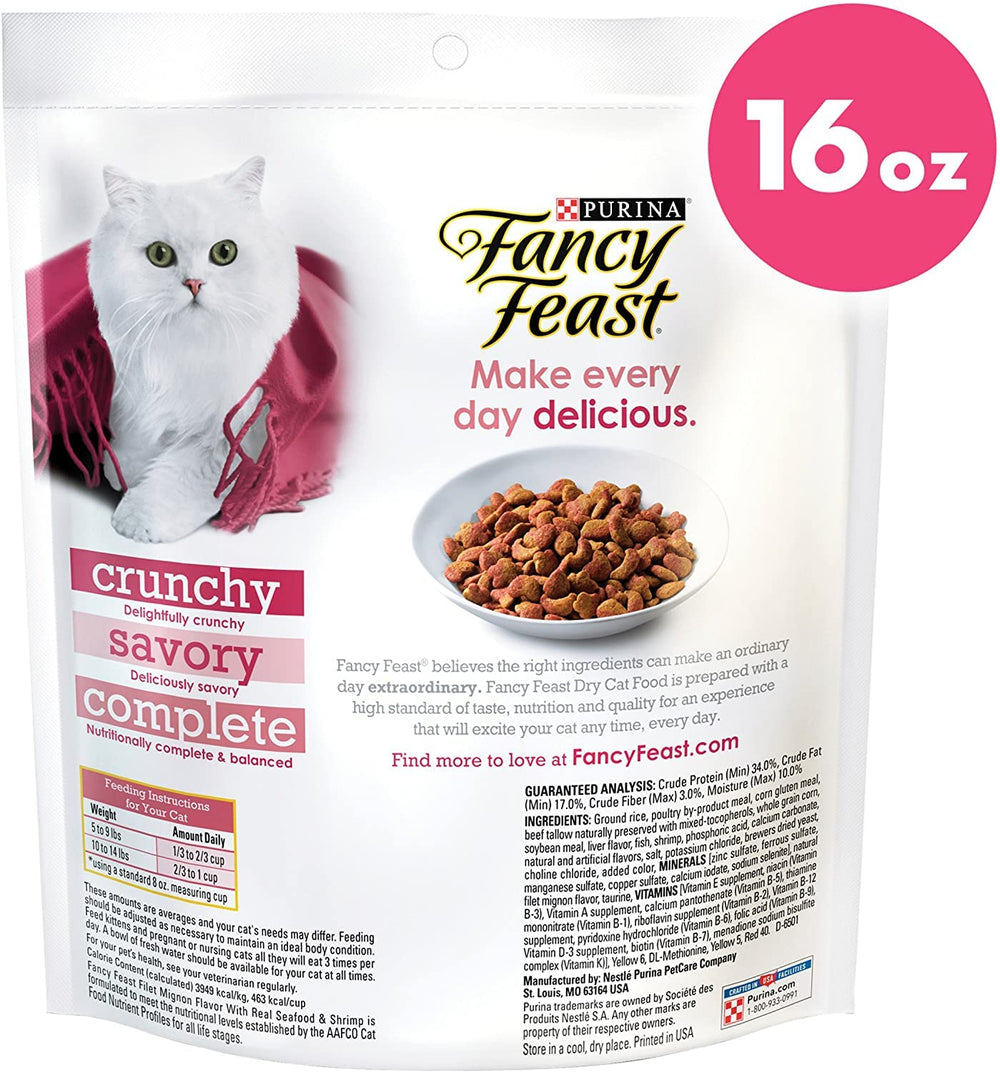 Fancy Feast Gourmet Gold filet mignon seafood shrimp bits highlight savory flavor appeal.