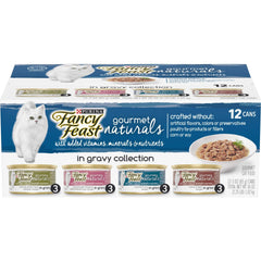 Fancy Feast Gourmet Naturals Gravy Variety Pack cans on shelf for everyday cat meals.