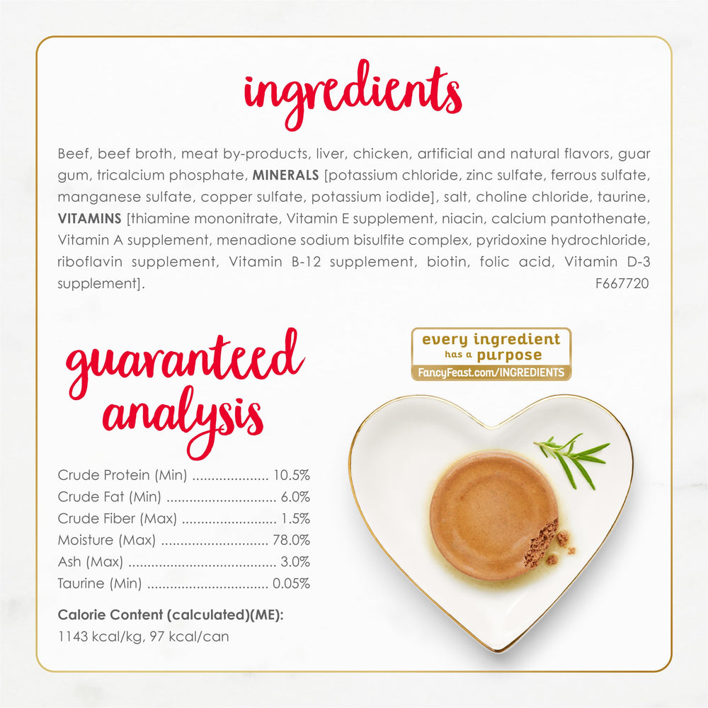 Fancy Feast grain-free formula label on can signals quality and dietary options.