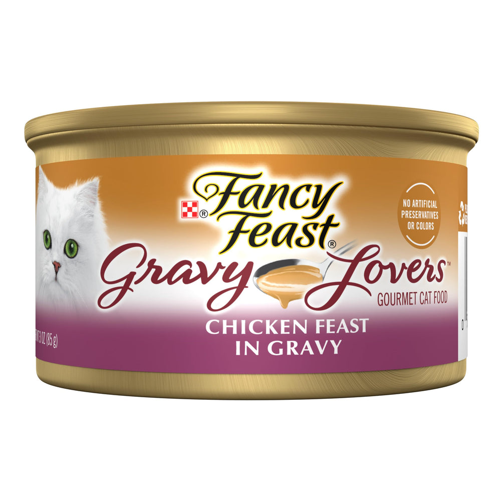 Fancy Feast Gravy Lovers packaging highlights 24-cans for convenient weekly meals.