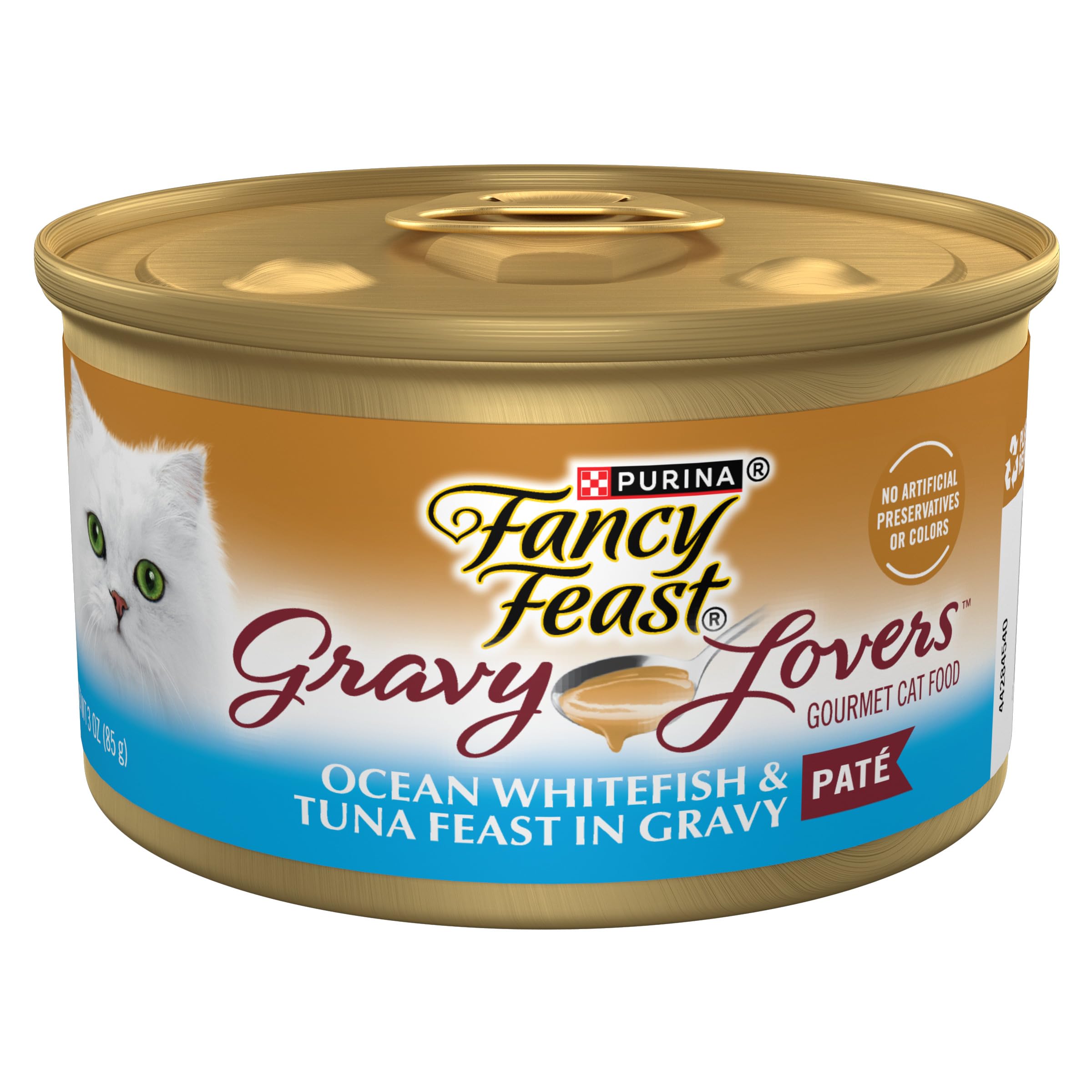 Fancy Feast Gravy Lovers Ocean Whitefish and Tuna Pate can opened with gravy swirl, protein-rich cat meal.