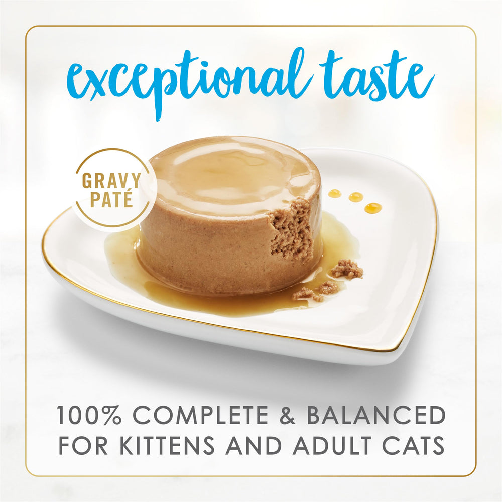 Fancy Feast Gravy Lovers Ocean Whitefish and Tuna Pate close-up of smooth texture for palatable adult cat meals.