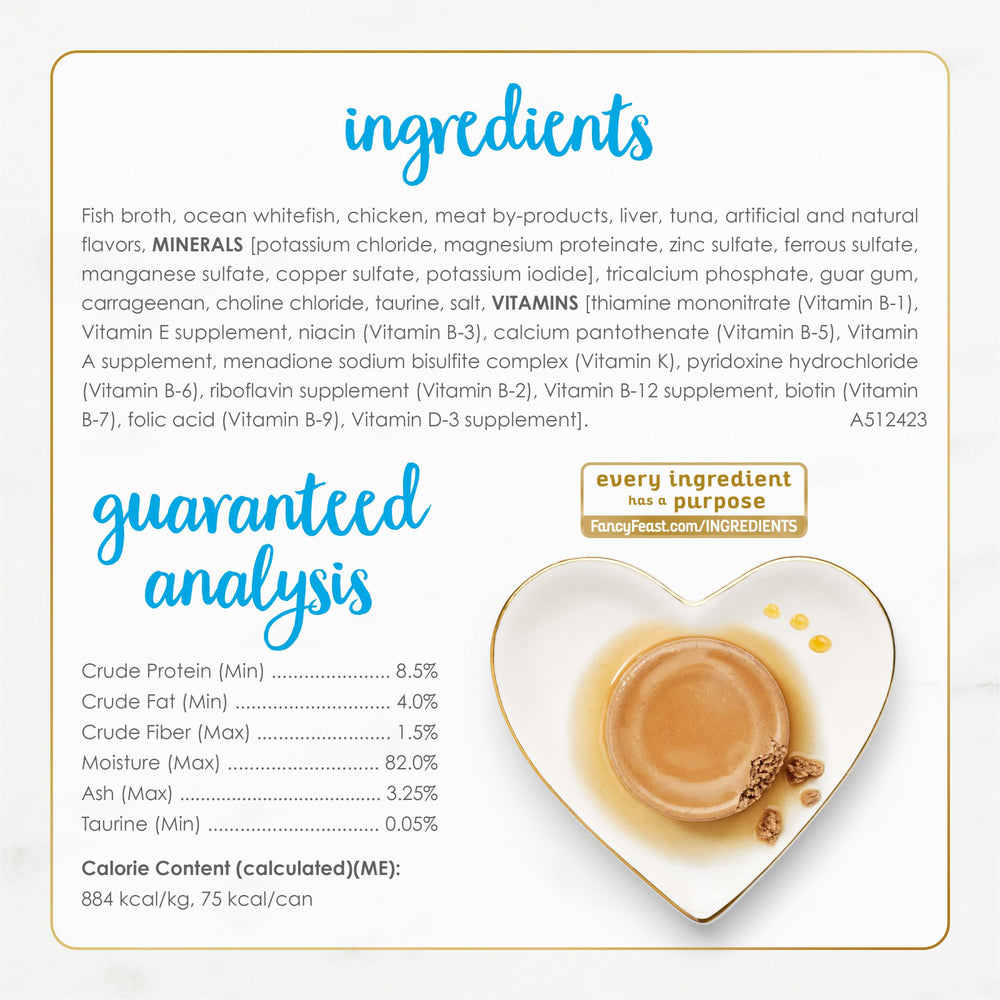 Fancy Feast Gravy Lovers Ocean Whitefish and Tuna Pate label highlights no artificial colors or preservatives.