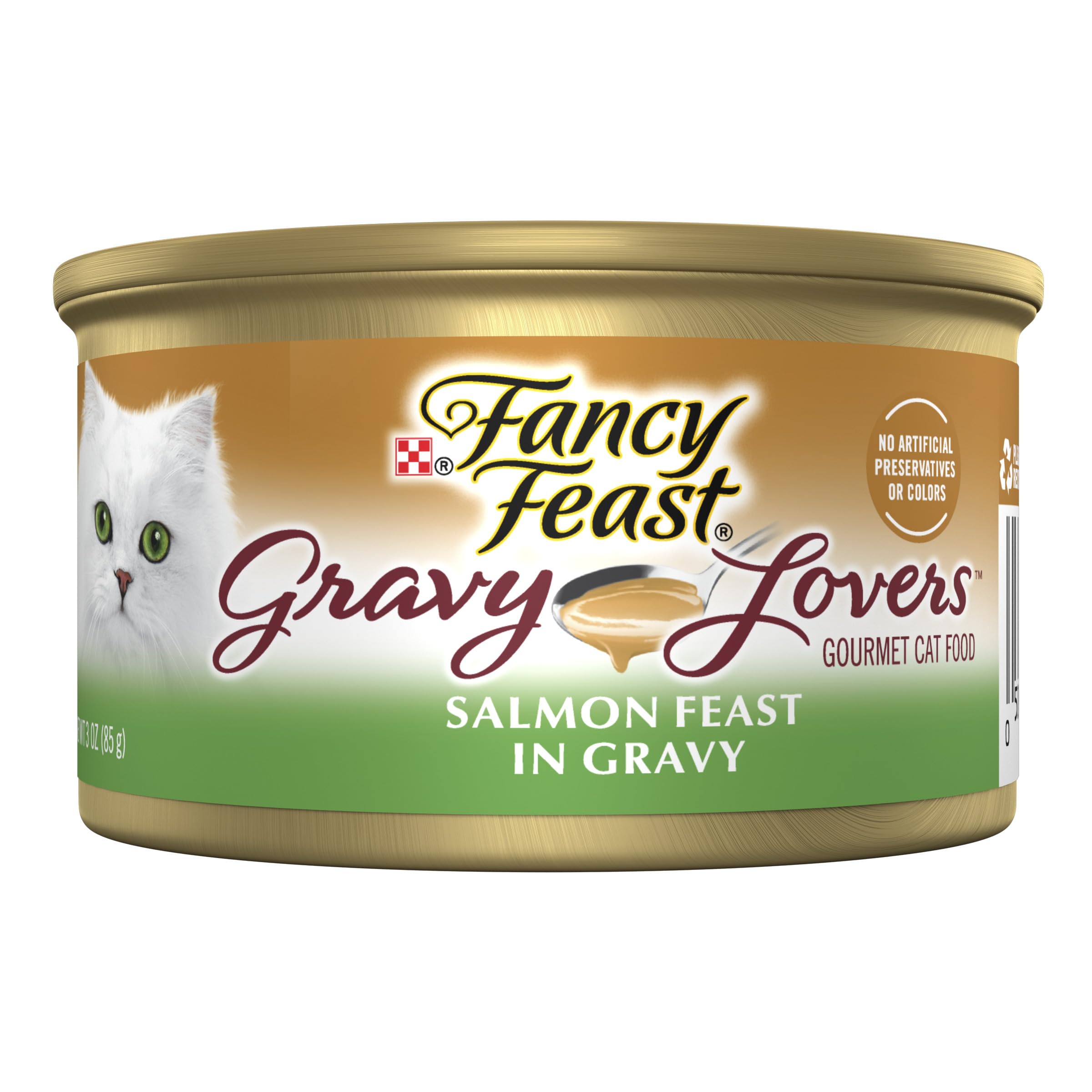 Fancy Feast Gravy Lovers Salmon Feast closeup shows salmon bites for a tasty, balanced daily meal.