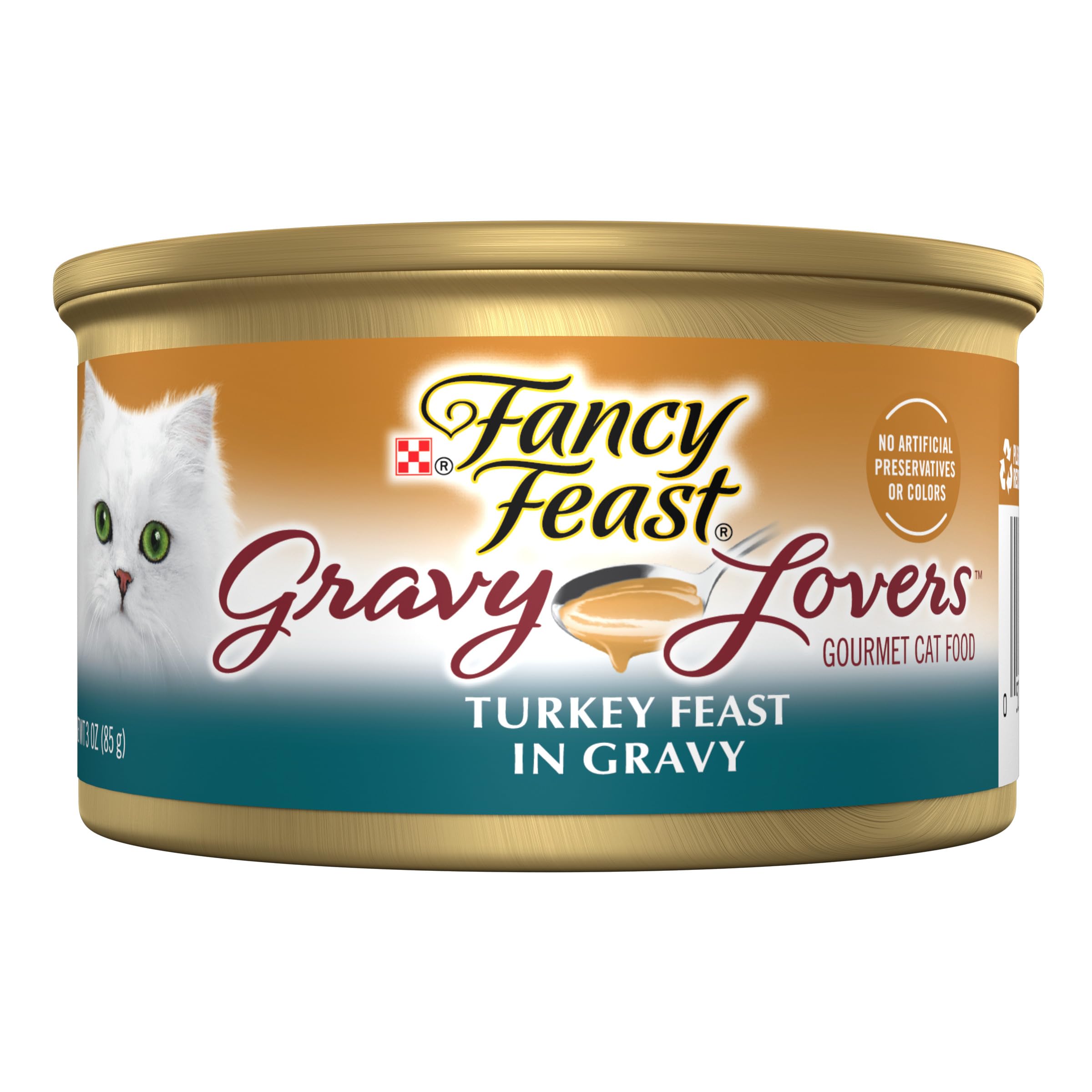 Fancy Feast Gravy Lovers turkey feast canned cat food with gravy highlights savory turkey aroma