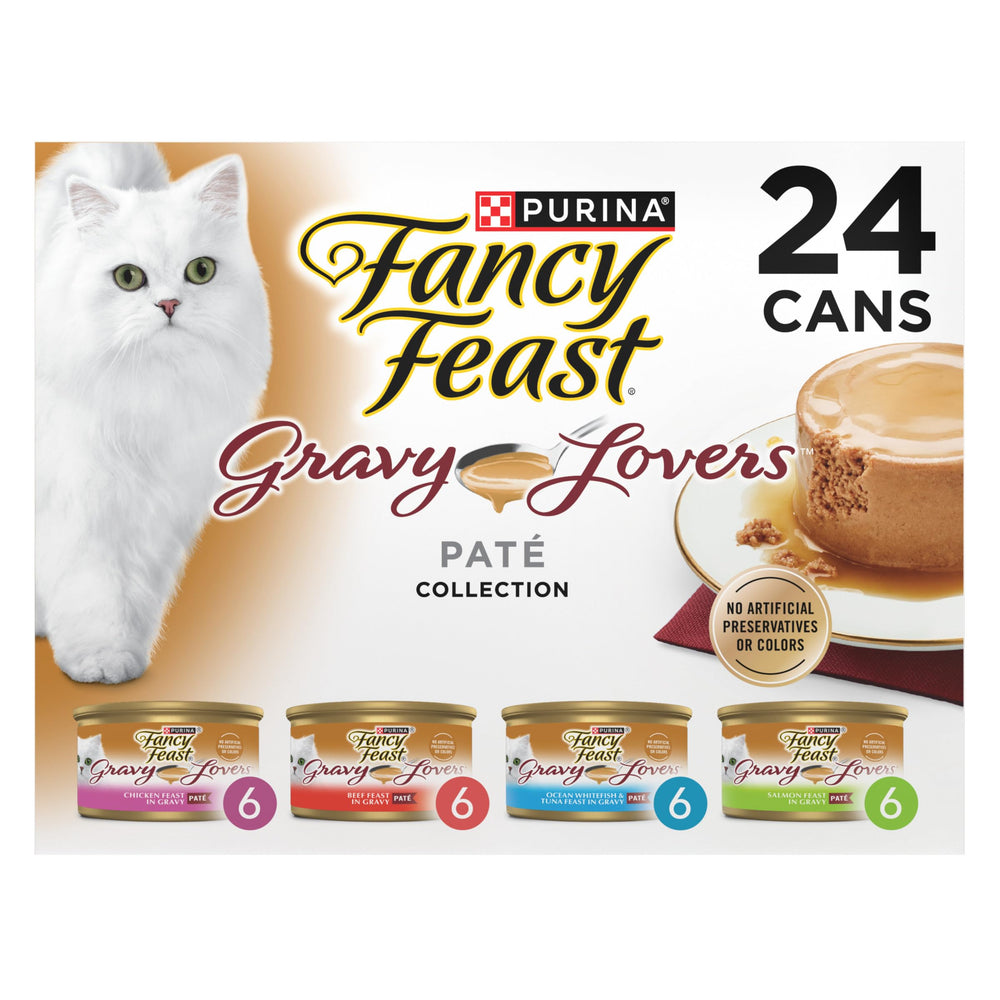 Fancy Feast Gravy Lovers variety-pack box with multiple flavors for adult cats' meals.