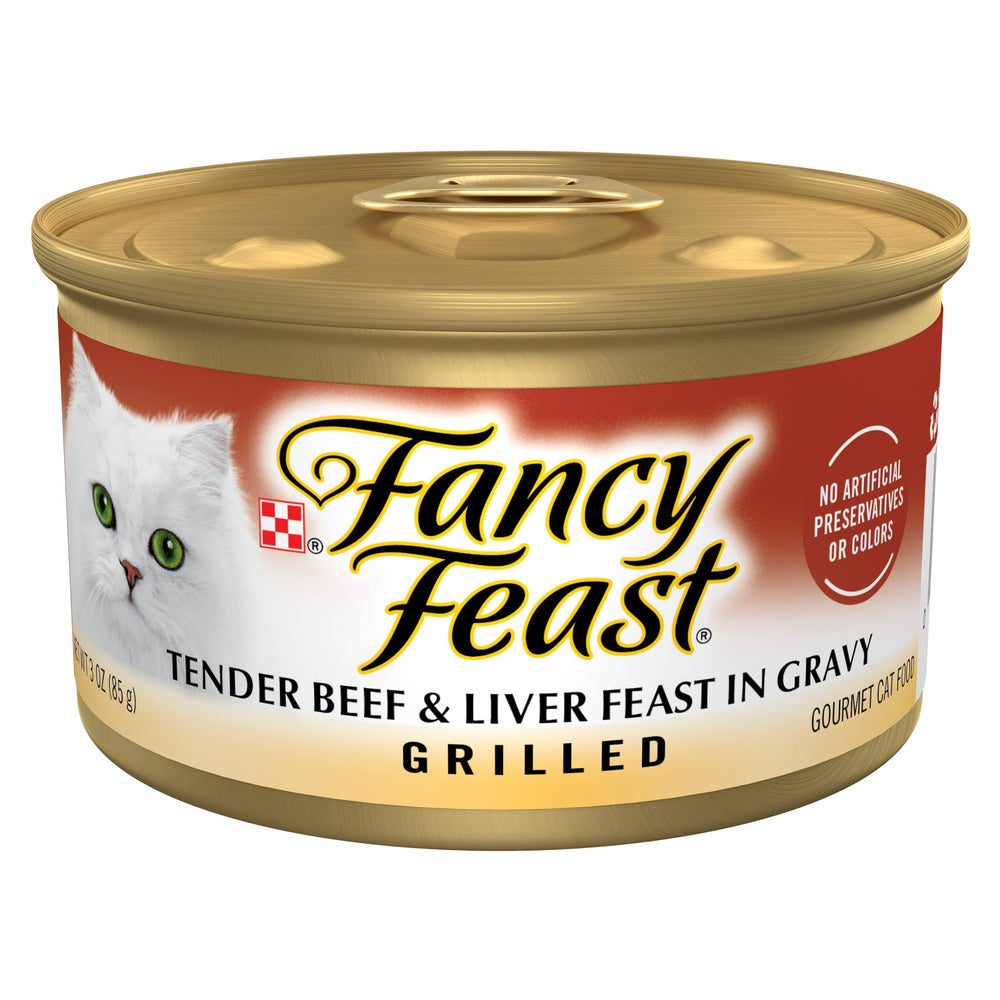 Fancy Feast Grilled Beef and Liver Cans front view for adult cats.