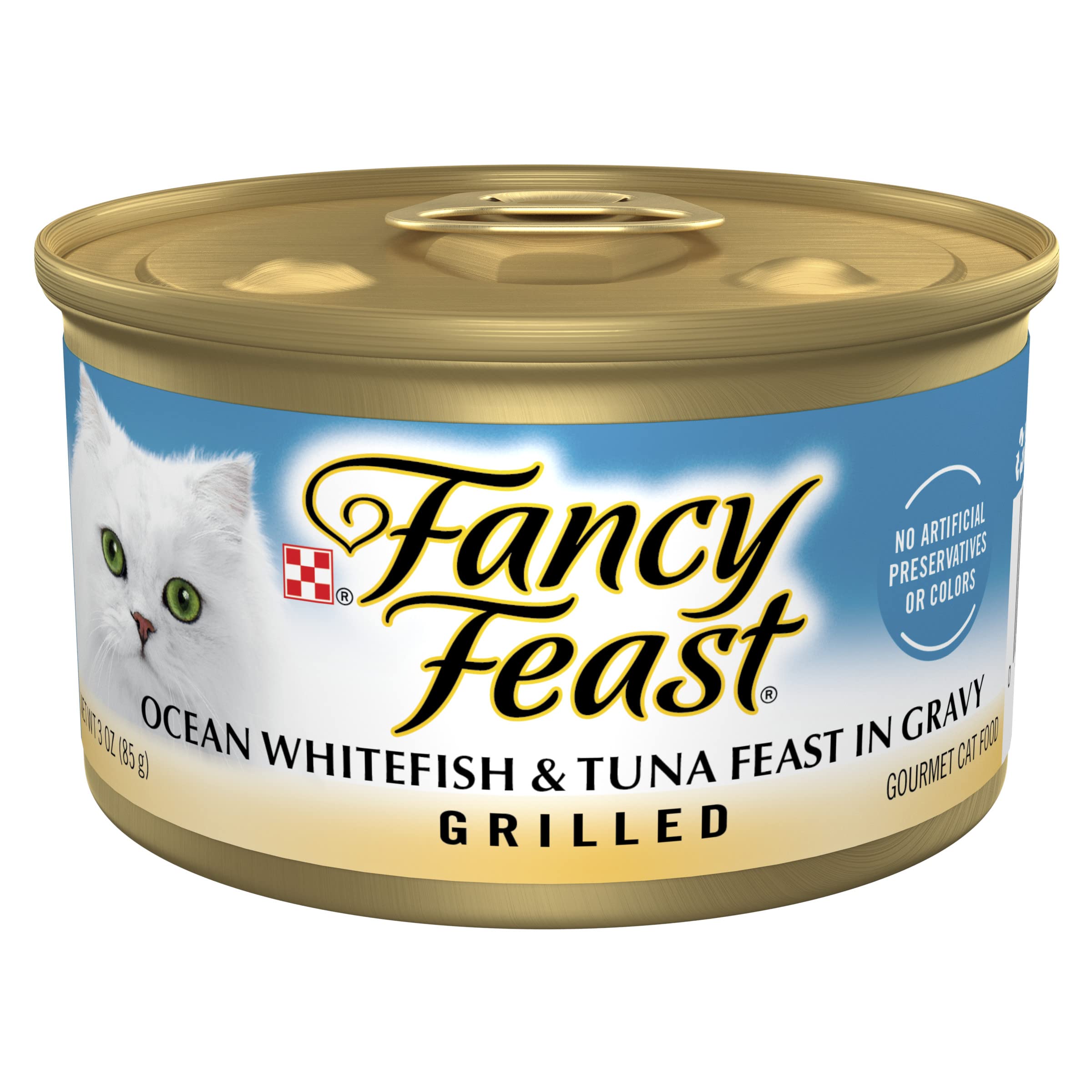 Fancy Feast Grilled Ocean Whitefish and Tuna Feast 3oz can with savory gravy for meal appeal.