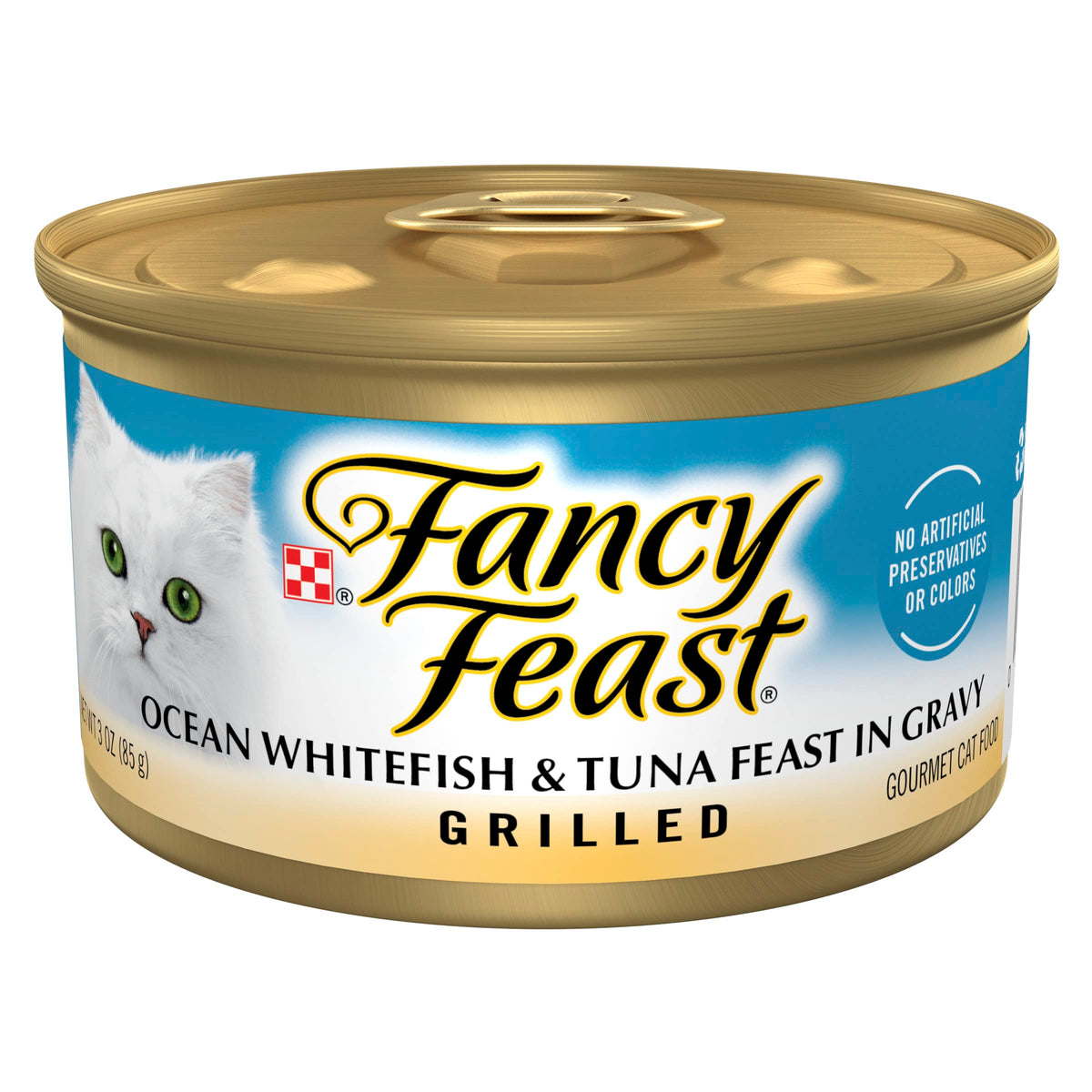 Fancy Feast Grilled Ocean Whitefish and Tuna Feast 3oz can with savory gravy for meal appeal.