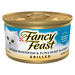 Fancy Feast Grilled Ocean Whitefish and Tuna Feast 3oz can with savory gravy for meal appeal.