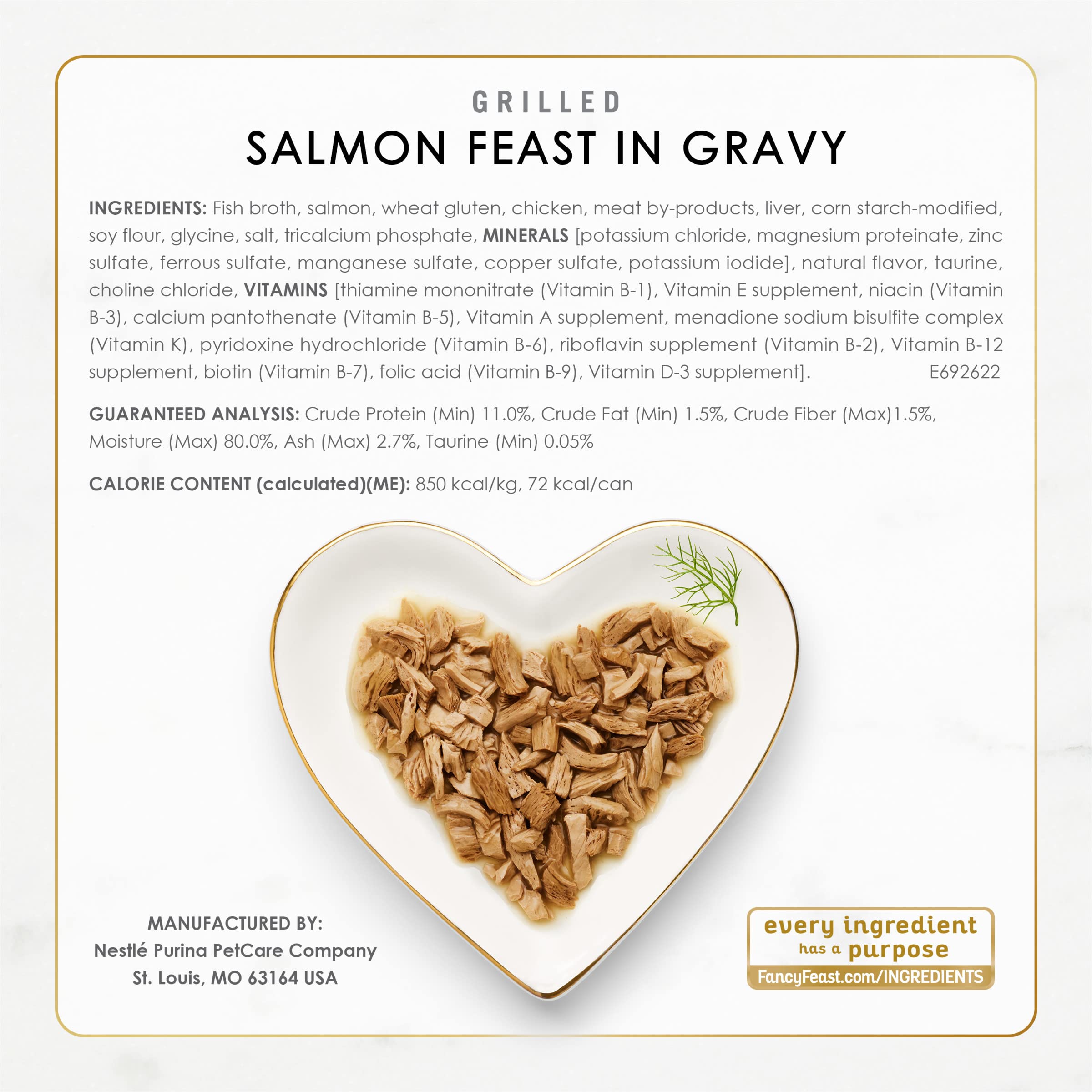 Fancy Feast Grilled Seafood Feast nutrition panel underscores balanced vitamins and minerals.