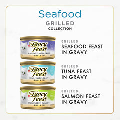 Fancy Feast Grilled Seafood Feast variety pack closeup showing real seafood.