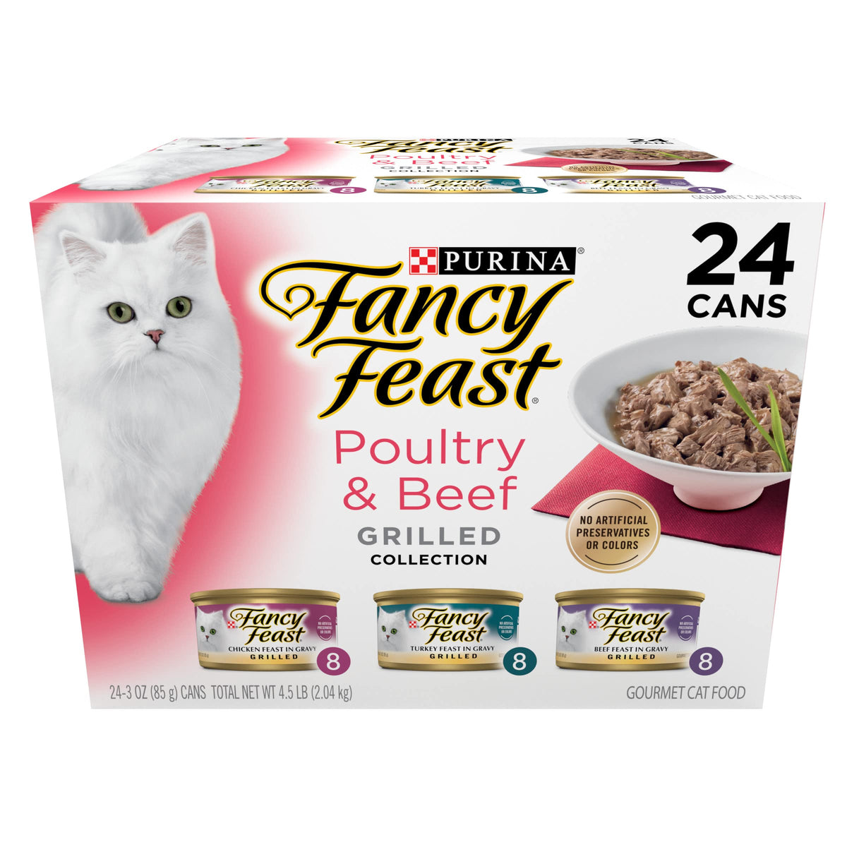 Fancy Feast Grilled Variety Pack pack shot highlights convenient 24-pack for mealtime variety.