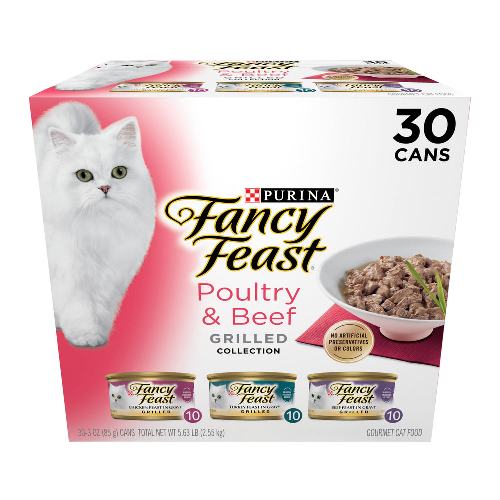 Fancy Feast Grilled collection 30-can pack closeup shows varied flavors for picky cats.