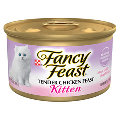 Fancy Feast kitten Tender Chicken Feast pate can closeup showing smooth texture and real chicken.