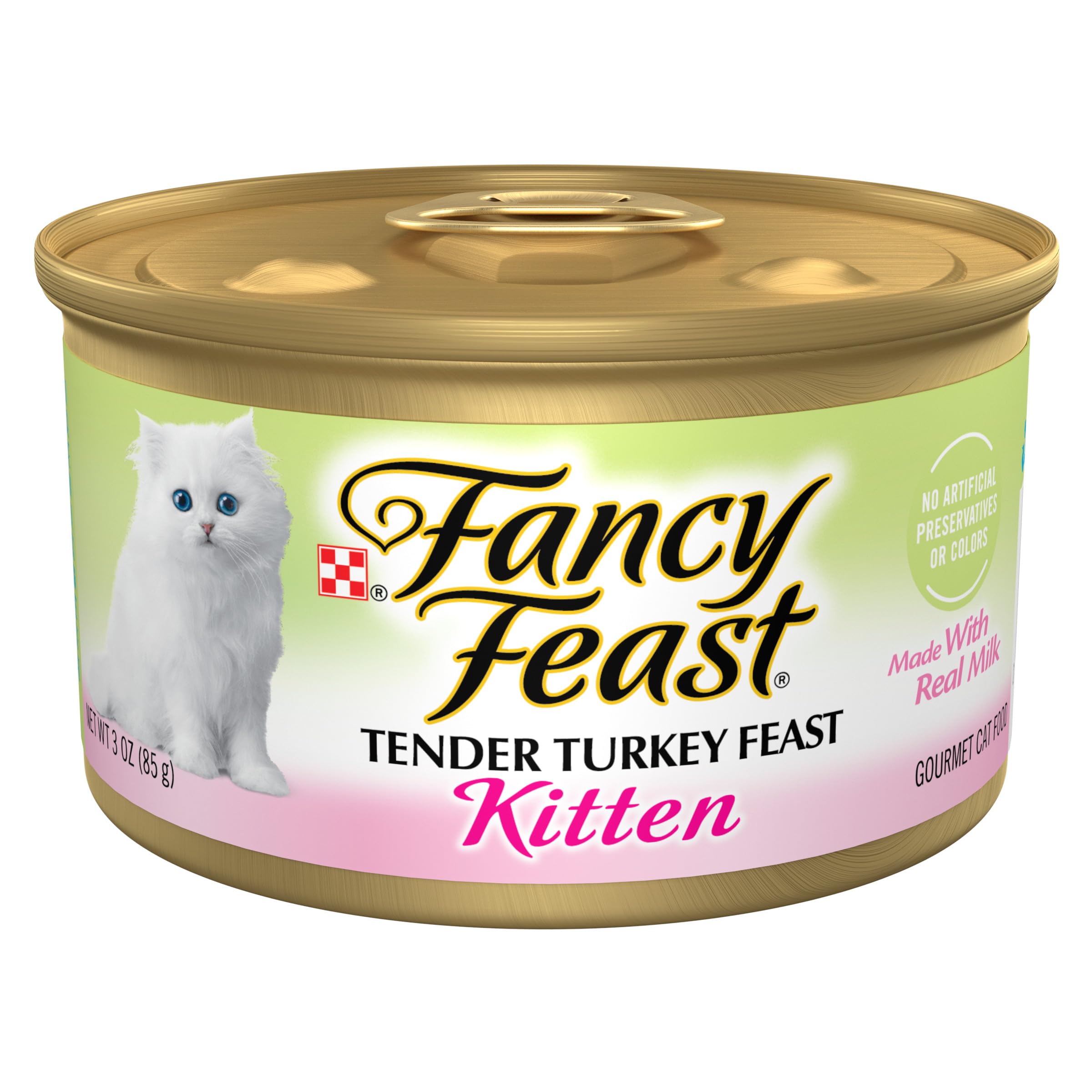 Fancy Feast Kitten Tender Turkey Feast Pate can angled view highlights real turkey flavor for kittens.