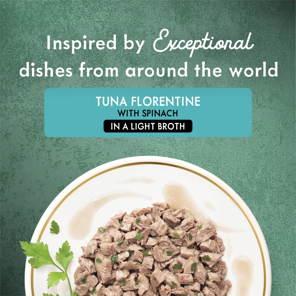 Purina Fancy Feast dish featuring tuna Florentine texture highlights delicate gravy