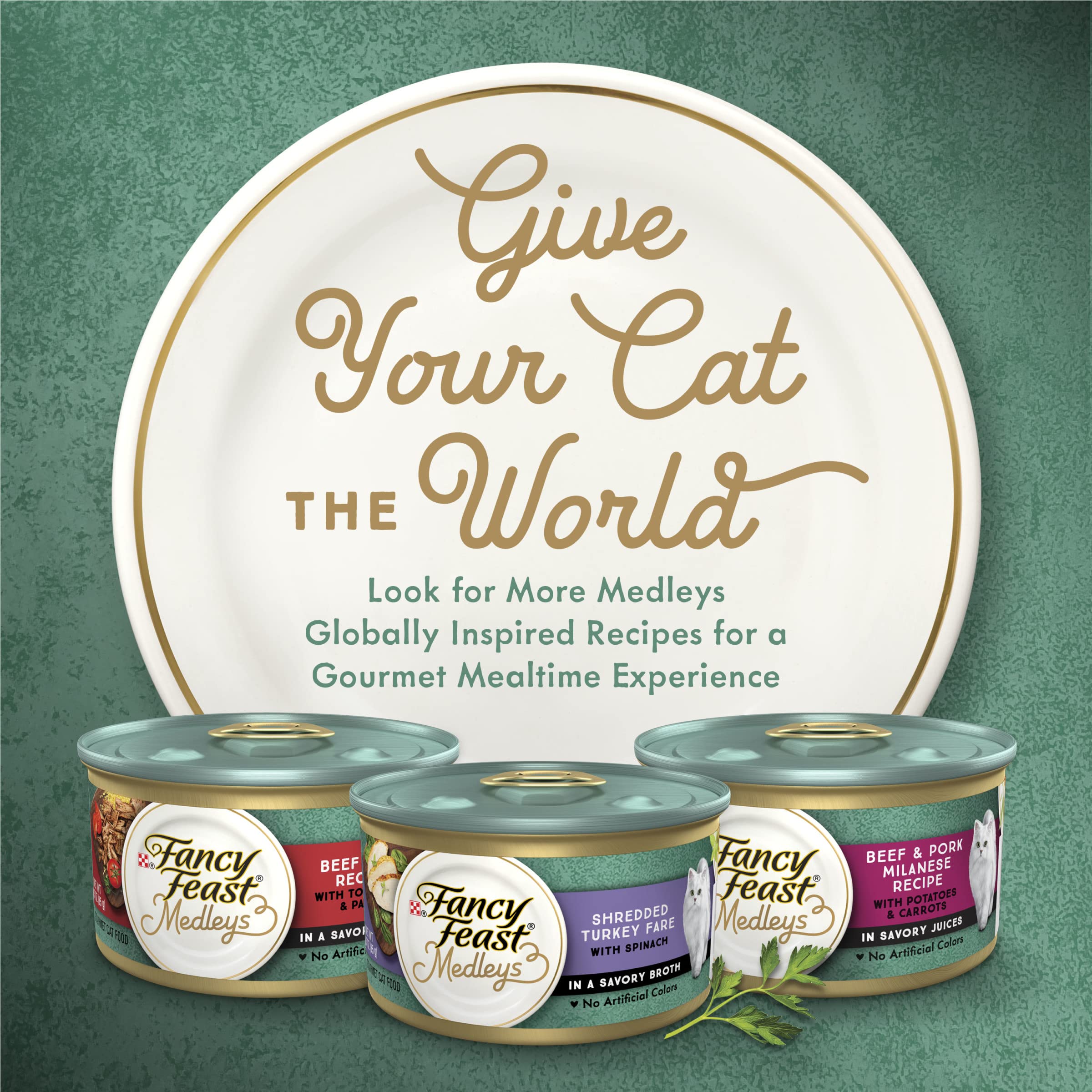 Fancy Feast Medleys Turkey Florentine 24-pack display on shelf.