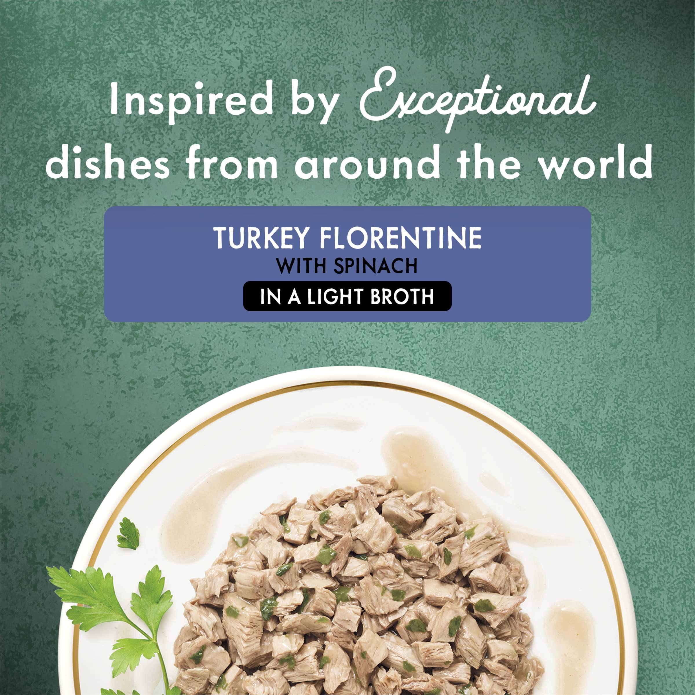 Fancy Feast Medleys Turkey Florentine with spinach and greens in broth boosts mealtime appeal.