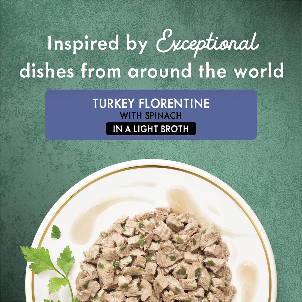 Fancy Feast Medleys Turkey Florentine with spinach and greens in broth boosts mealtime appeal.