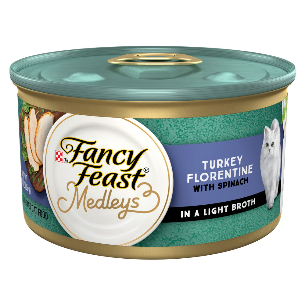 Fancy Feast Medleys Turkey Florentine turkey pieces in light broth for moisture.