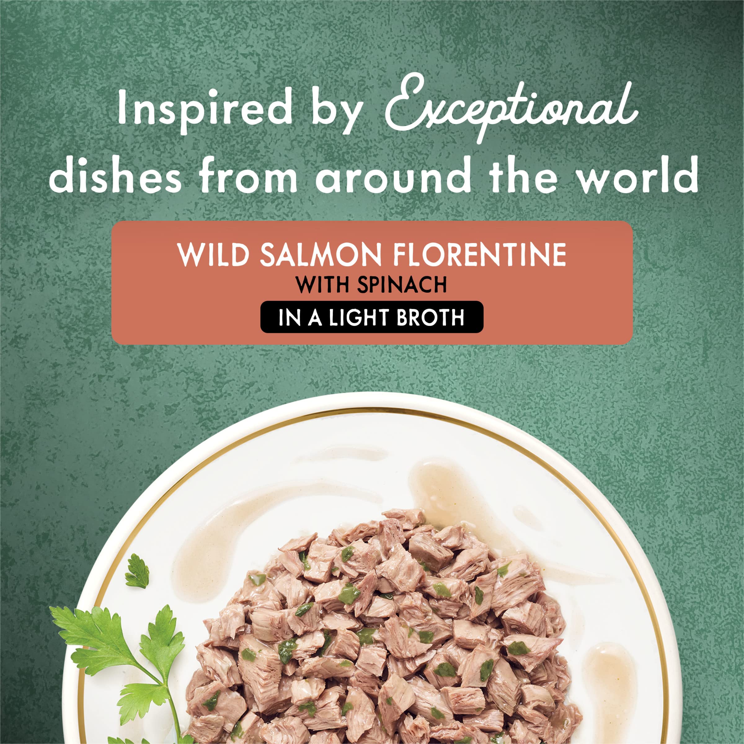 Fancy Feast Medleys Wild Salmon Florentine with garden greens highlights a savory texture.