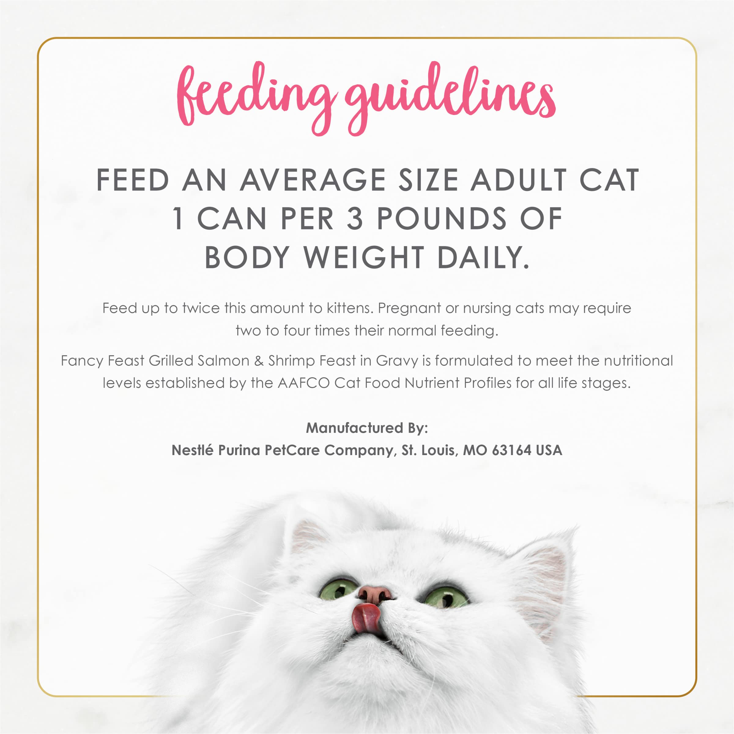 Fancy Feast nutrition-balanced cat food showcases complete vitamins and minerals.