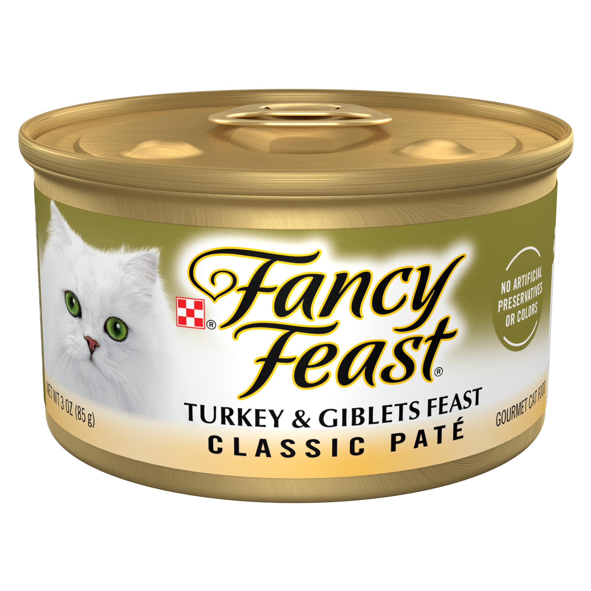 Fancy Feast Pate Turkey and Giblets can for convenient, flavorful meals.