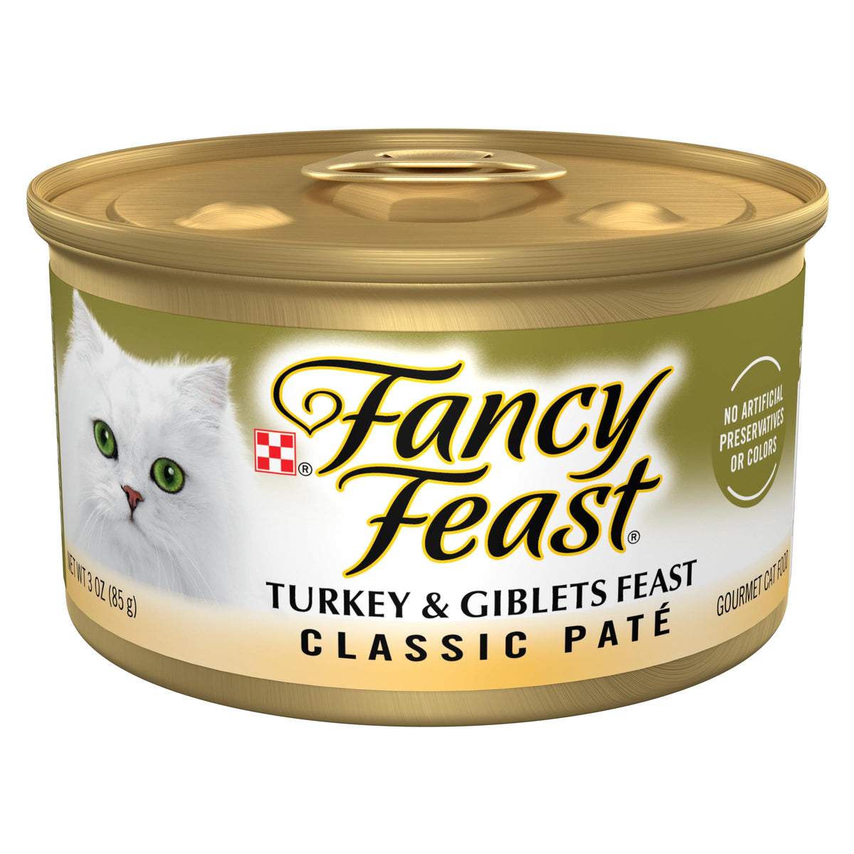 Fancy Feast Pate Turkey and Giblets can for convenient, flavorful meals.
