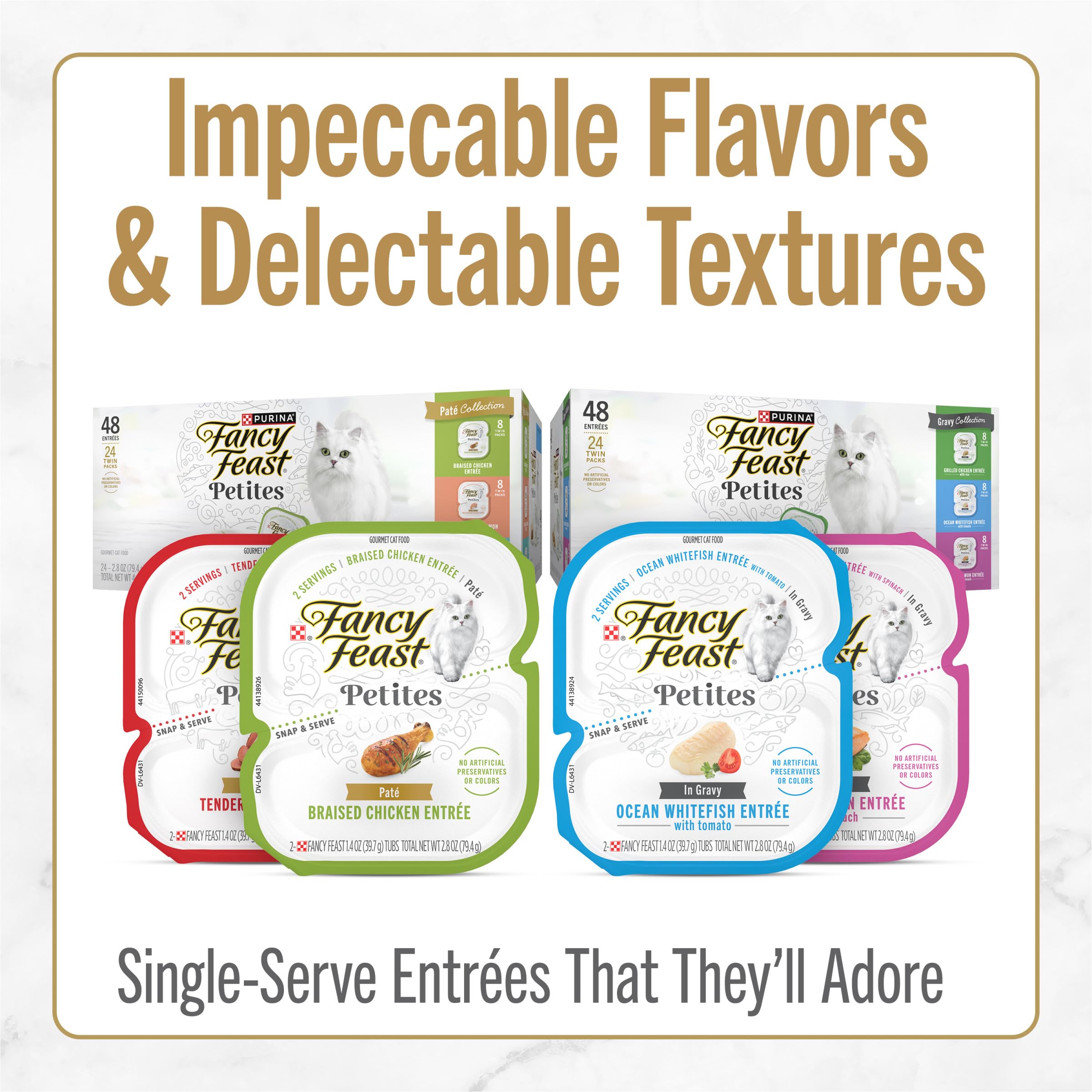 Cat savoring Fancy Feast Petites meal with tender texture.