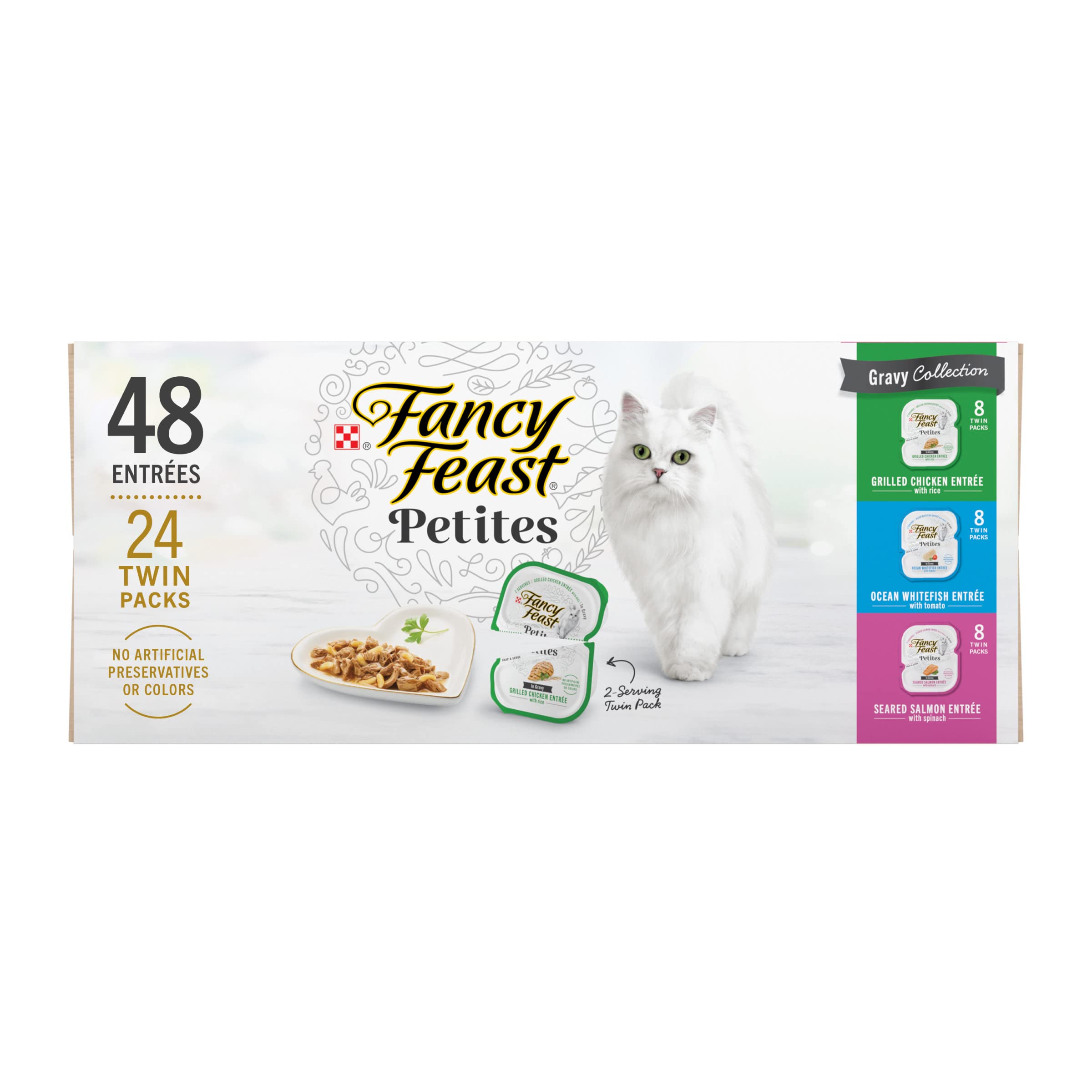 Fancy Feast Petites Gravy Collection twin-pack division showcases mess-free, single-serve portions.