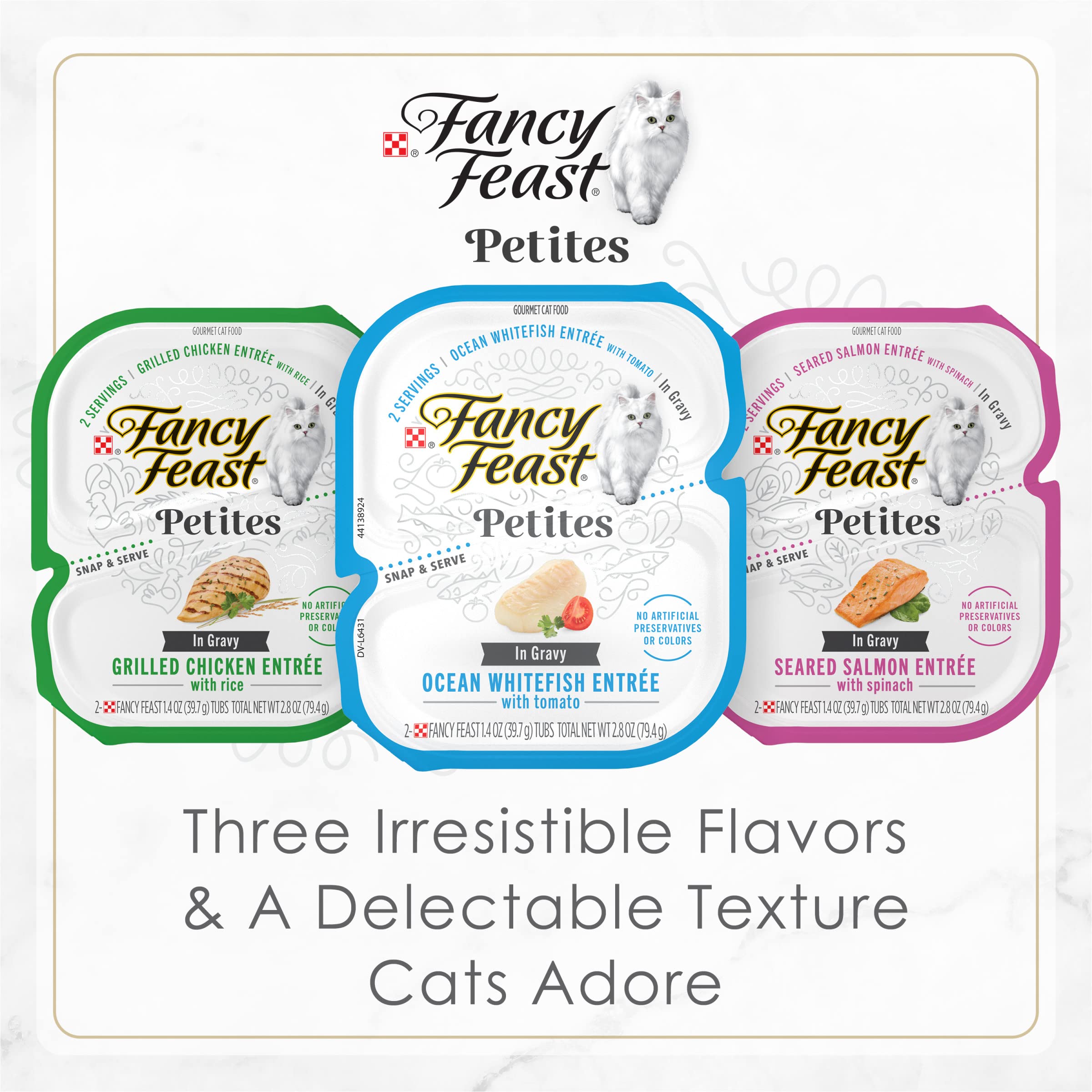 Fancy Feast Ocean Whitefish Entree in Gravy close-up emphasizes premium seafood flavor.