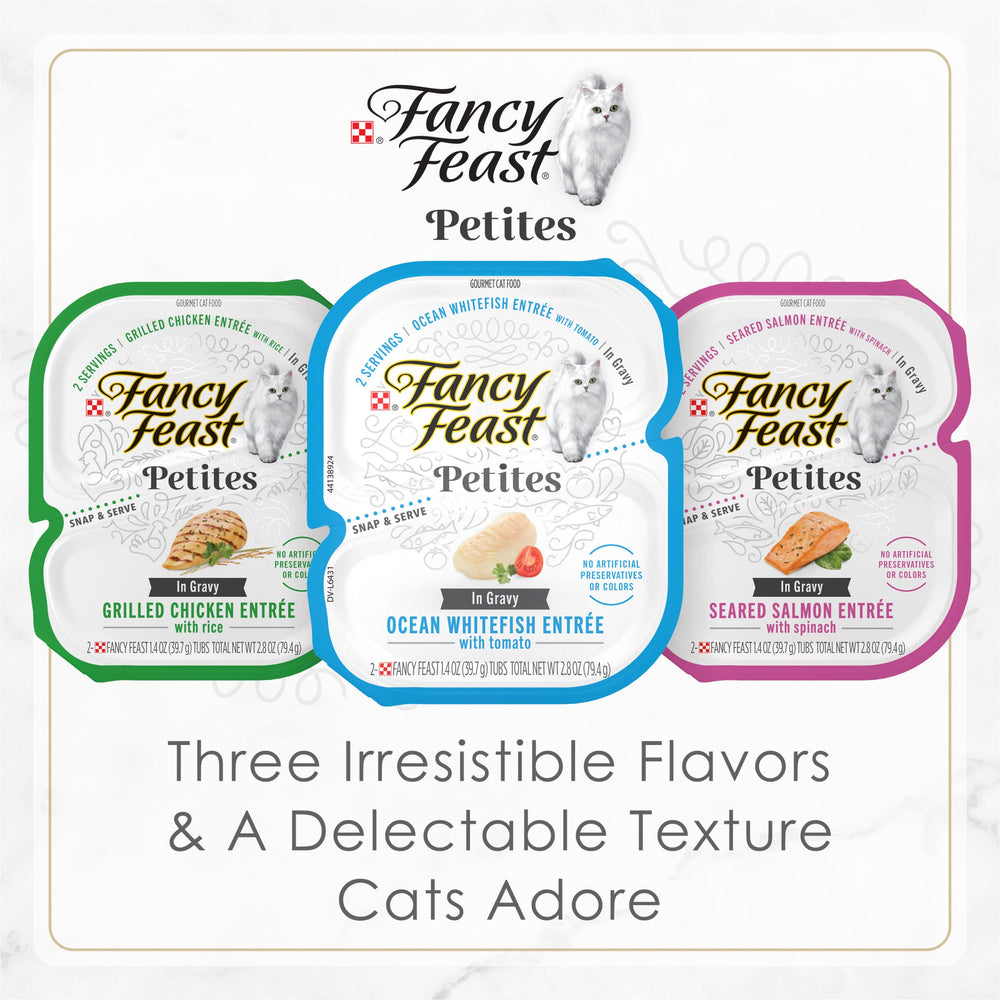 Fancy Feast Ocean Whitefish Entree in Gravy close-up emphasizes premium seafood flavor.