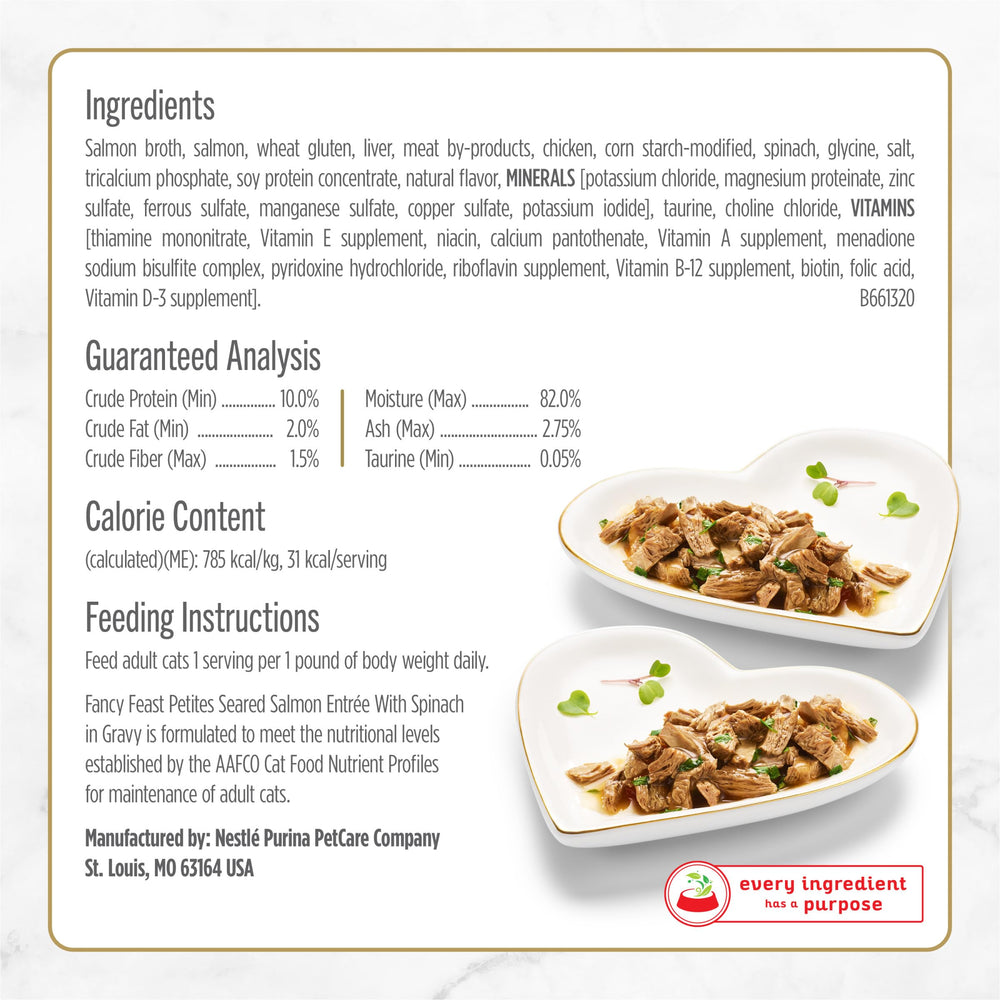 Fancy Feast Petites salmon chunks close-up in gravy for meaty texture.